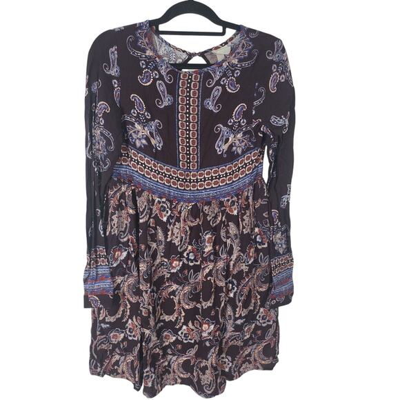 Knox Rose Dress XS Womens Mini Burgundy Long Sleeve Key Hole Back Paisley Print - Picture 1 of 6